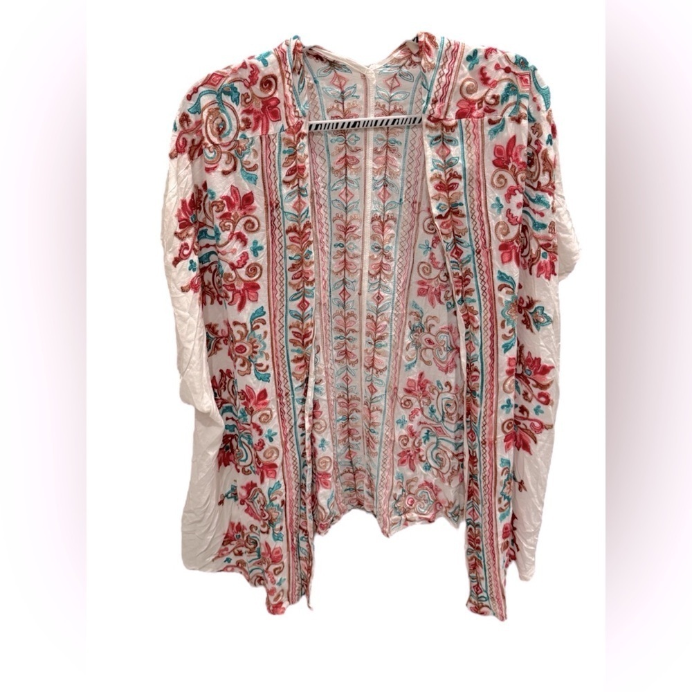 Umgee Kimono Duster Cardigan Floral Embroidered Boho Short Sleeve White S/M